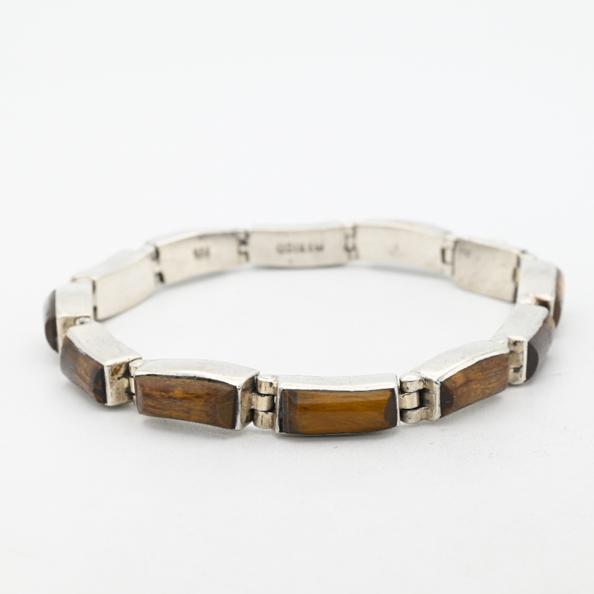 Golden Tiger Eye Inlay Rectangle Shape Link Bracelet / Mexico 