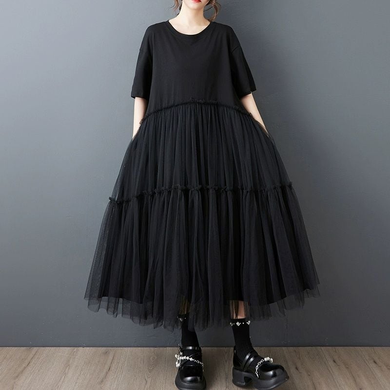 BLACK MESH LAYERED A-LINE LONG T-SHIRT DRESS 1color M-13522