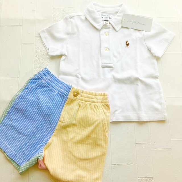 白＆ﾊﾟｽﾃﾙｶﾗｰ 白半袖ポロシャツ＆ブロックカラーハーフパンツセット ラルフローレン