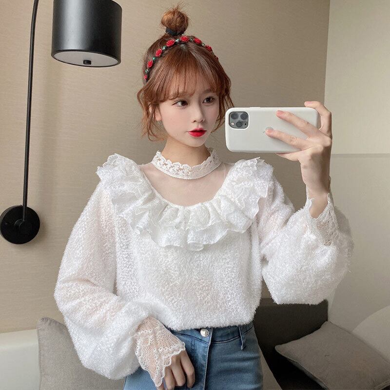 ホワイトシャツ スプリングドレス レーススタンダードブラウス スリーブ ランタンスリーブ レトロ 春物 萌量不足25464084799