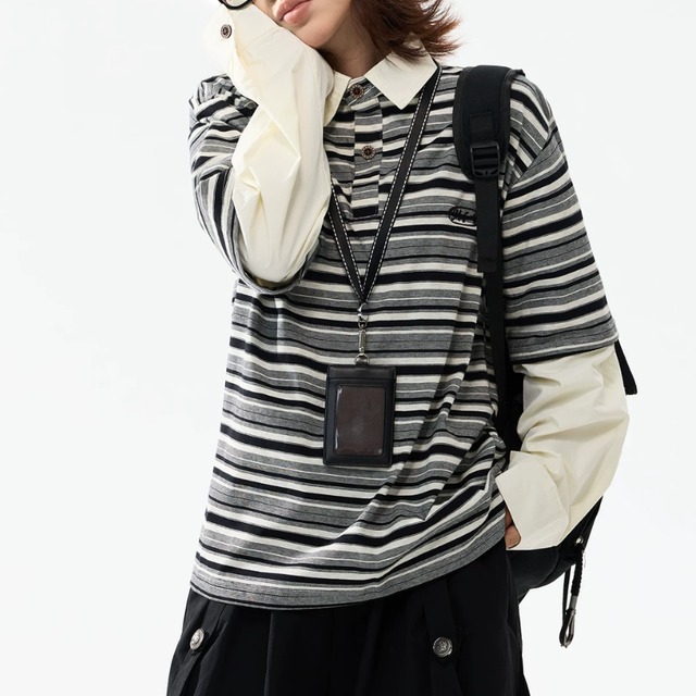 border layered-look long polo tee　ボーダーレイヤードポロロングティー　J2107