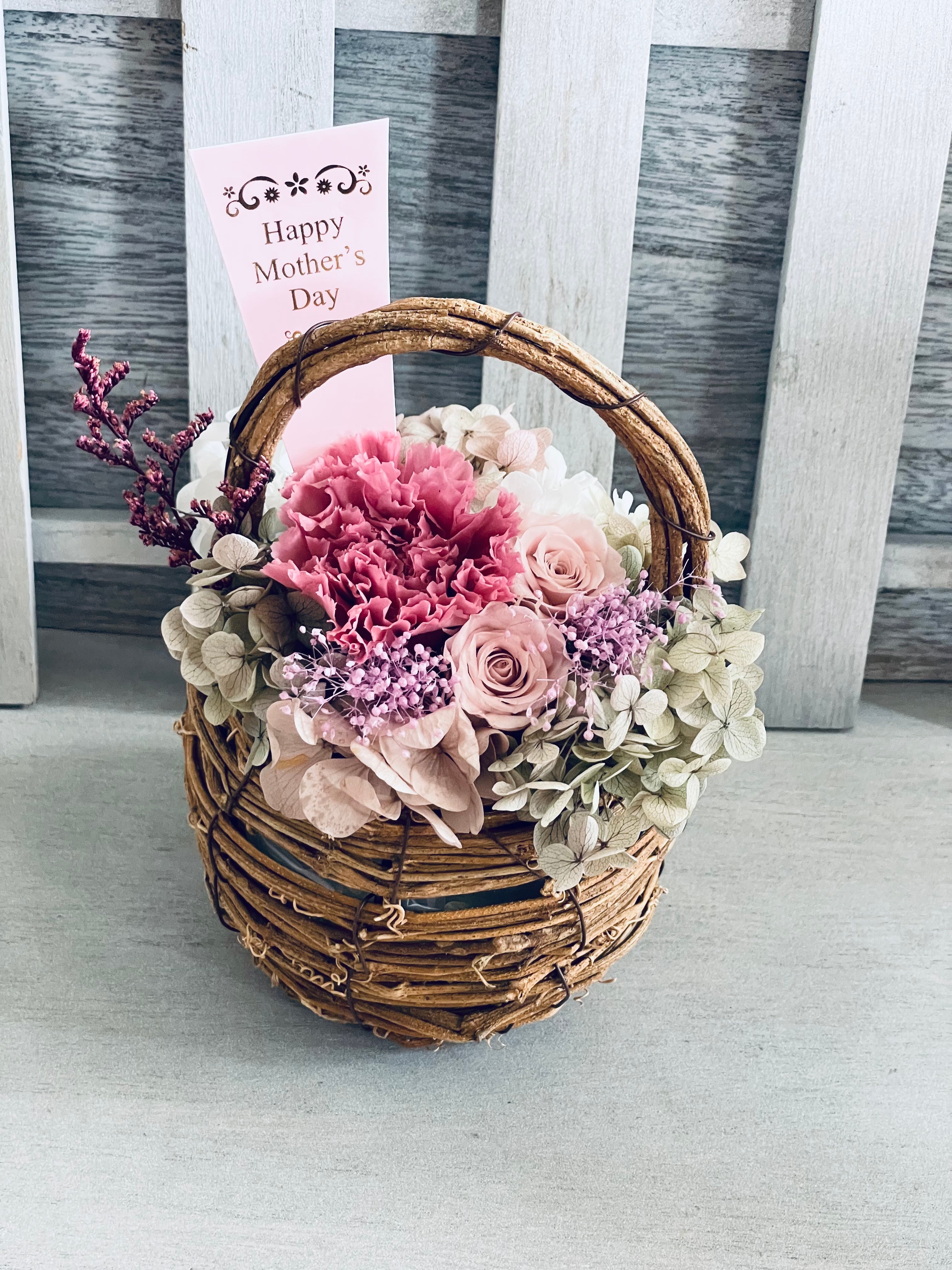 プリザーブドフラワーバスケットアレンジ 花籠 ピンク カゴアレンジの
