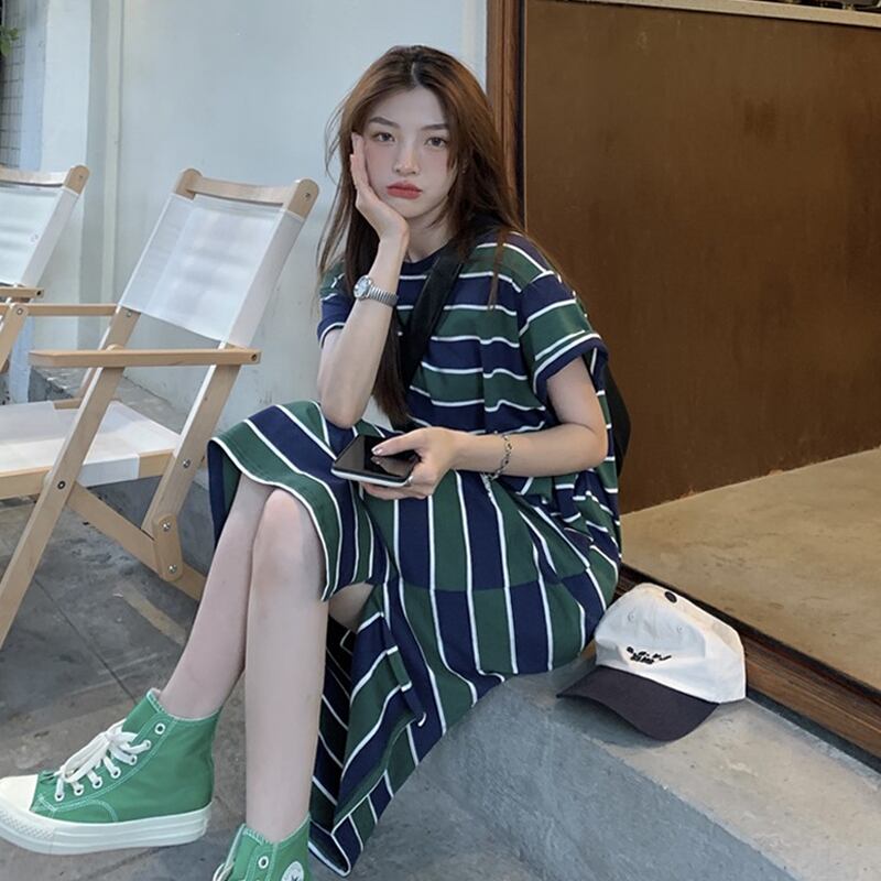 ストライプTシャツ ドレス サマールーズカジュアルロングスカート 大きめサイズ 夏物 スーパーモール71209725345