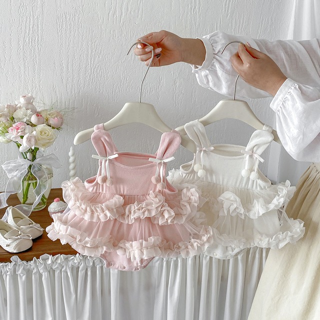【BABY】うさ耳ニットチュールフリルロンパース - 1