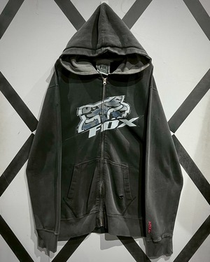 【X VINTAGE】"FOX RACING" Good Fade Logo Print Zip Up Hoodie