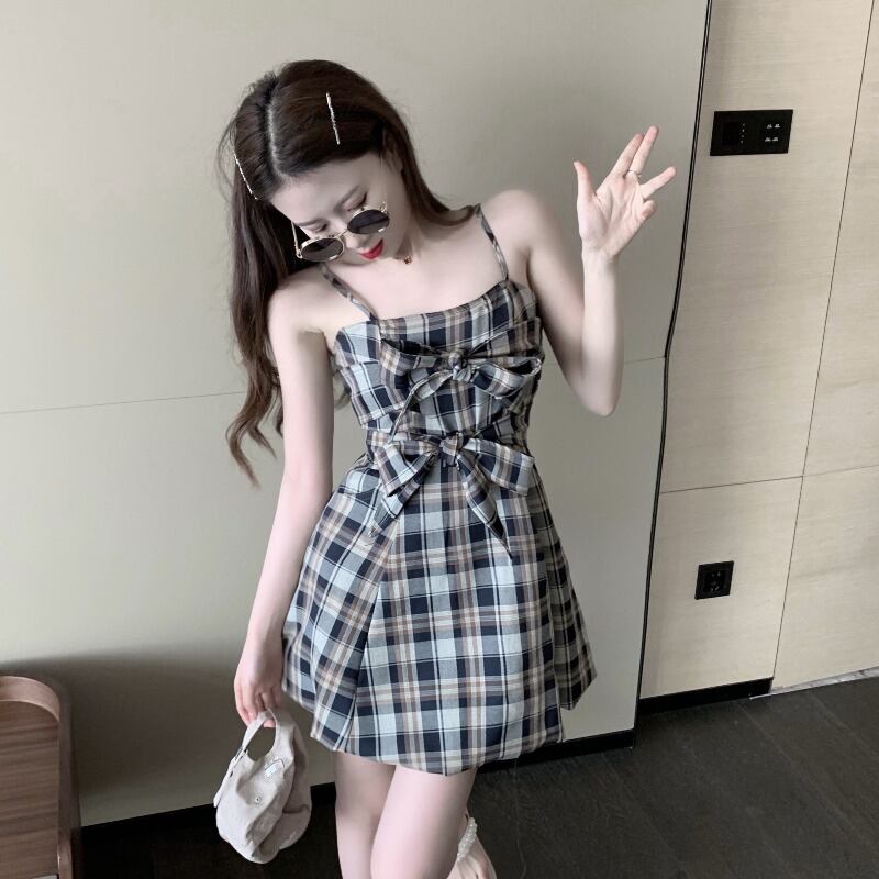 ちょう結びチェックスリングドレス女性の夏の穏やかなスタイルショートスカート2020新しいワンショルダースカート ブラックストロベリース73904086064