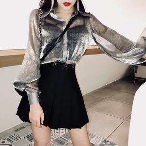 トップス レディース 送料無料 ブラウス パフスリーブ シースルー 長袖 大人かわいい 大人可愛い 大人 おしゃれ 大人女子 上品 エレガント セクシー 個性的 無地 シルバー 銀色 韓国系 韓国ファッション 流行 トレンド