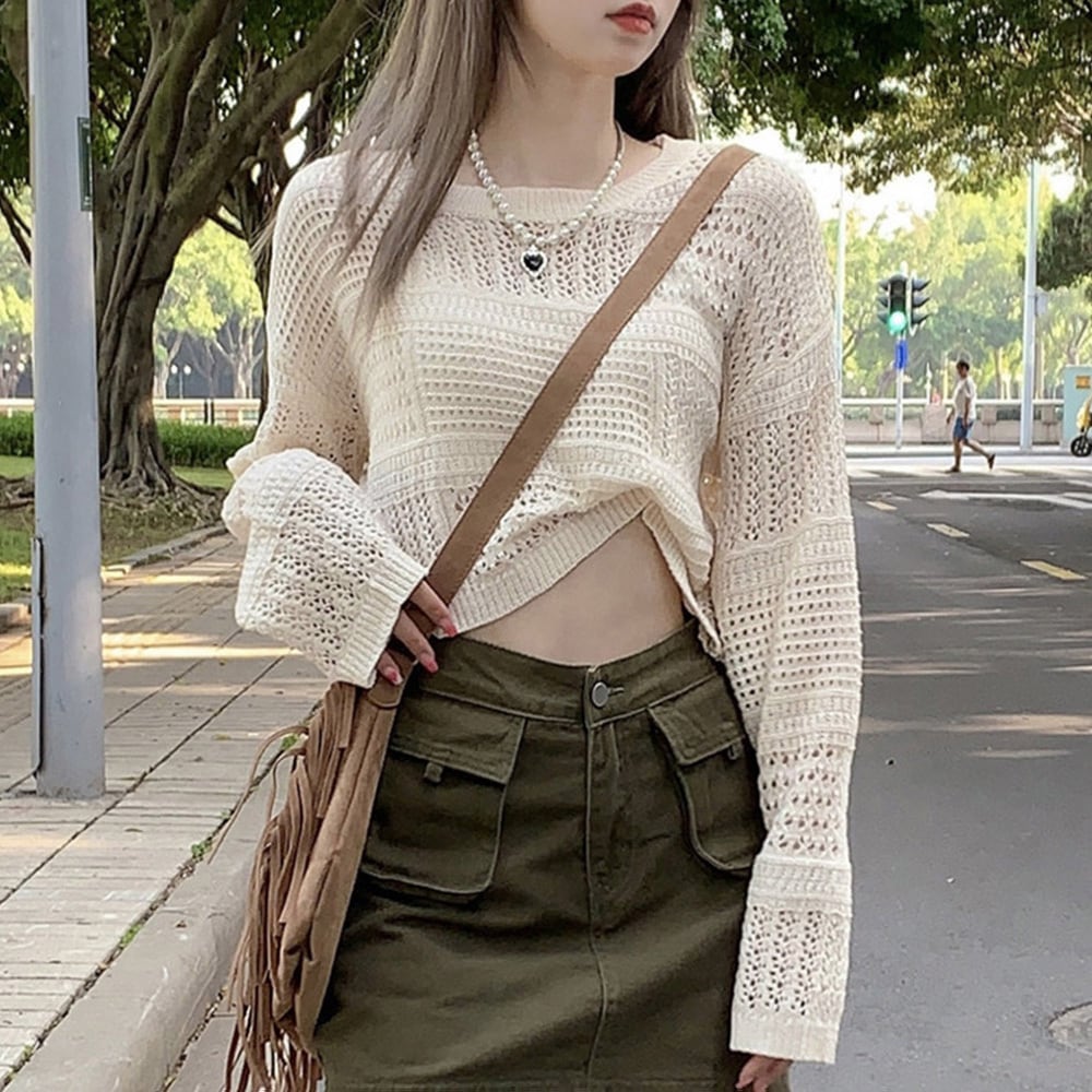 韓国ファッション 可愛い メッシュ編みニット プルオーバー セクシー