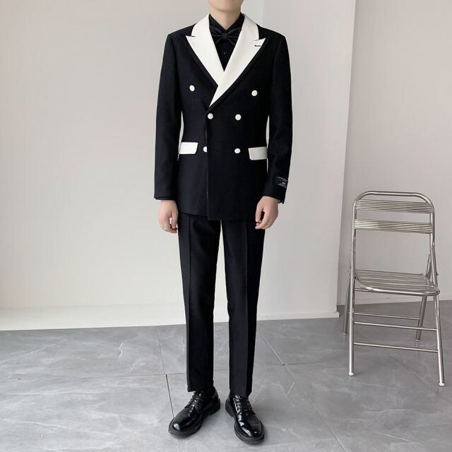 【予約販売】メンズ セットアップ スーツ バイカラー シック スリム 男前 ブラック 黒 ダブル ジャケット パンツ セット クラシック レトロ フォーマル パーティ 二次会 同窓会 結婚式 韓国 トレンド 大きいサイズ M/L/XL/2XL/3XL