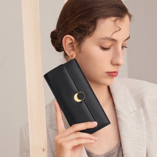 財布 レディース 二つ折り 長財布 大容量 牛皮 カード入れ お札入れ ファスナー付き小銭入れ かぶせ長財布 シンプル オフィス ロングウォレット ブラック 黒