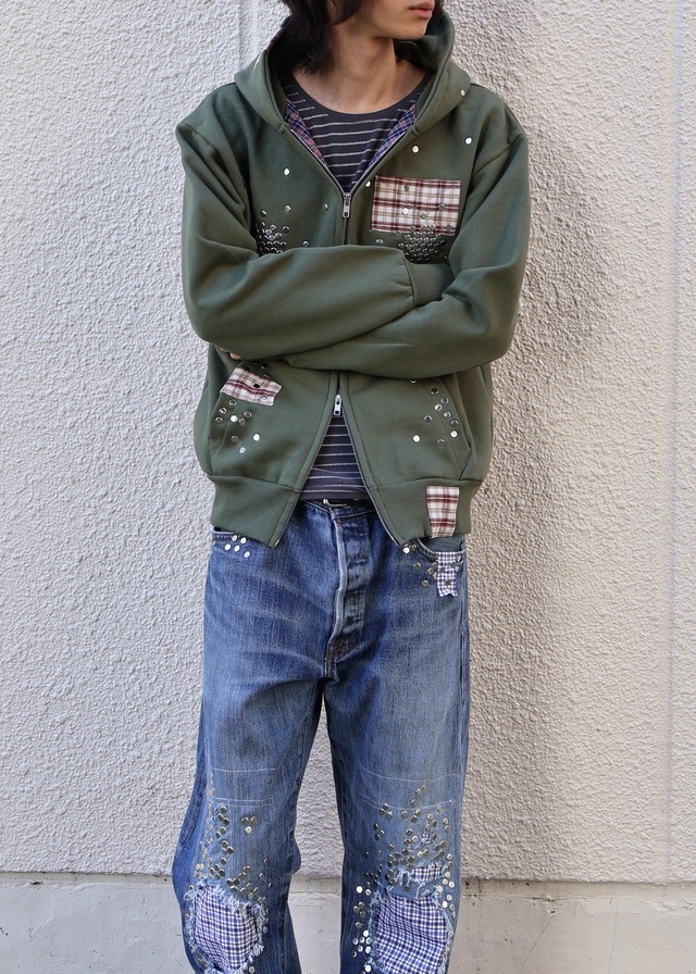 【Hannah Creak/26aw】Studded Hoodie Double Zip khaki