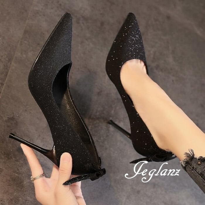 2色 パーティ パンプス ハイヒール バック リボン ラメ 光沢感(M8776)χ