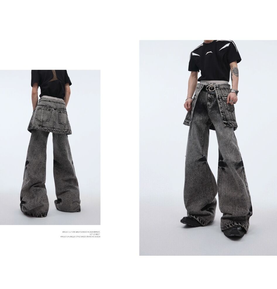 Argue Culture】ウォッシュド ジーンズ デニムパンツ ワイド 個性的 