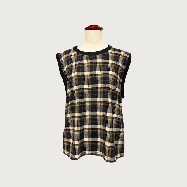 【オーバーサイズ】レトロ感のあるトップス ボリュームチェックベスト｜ブラウンチェック｜画像1
