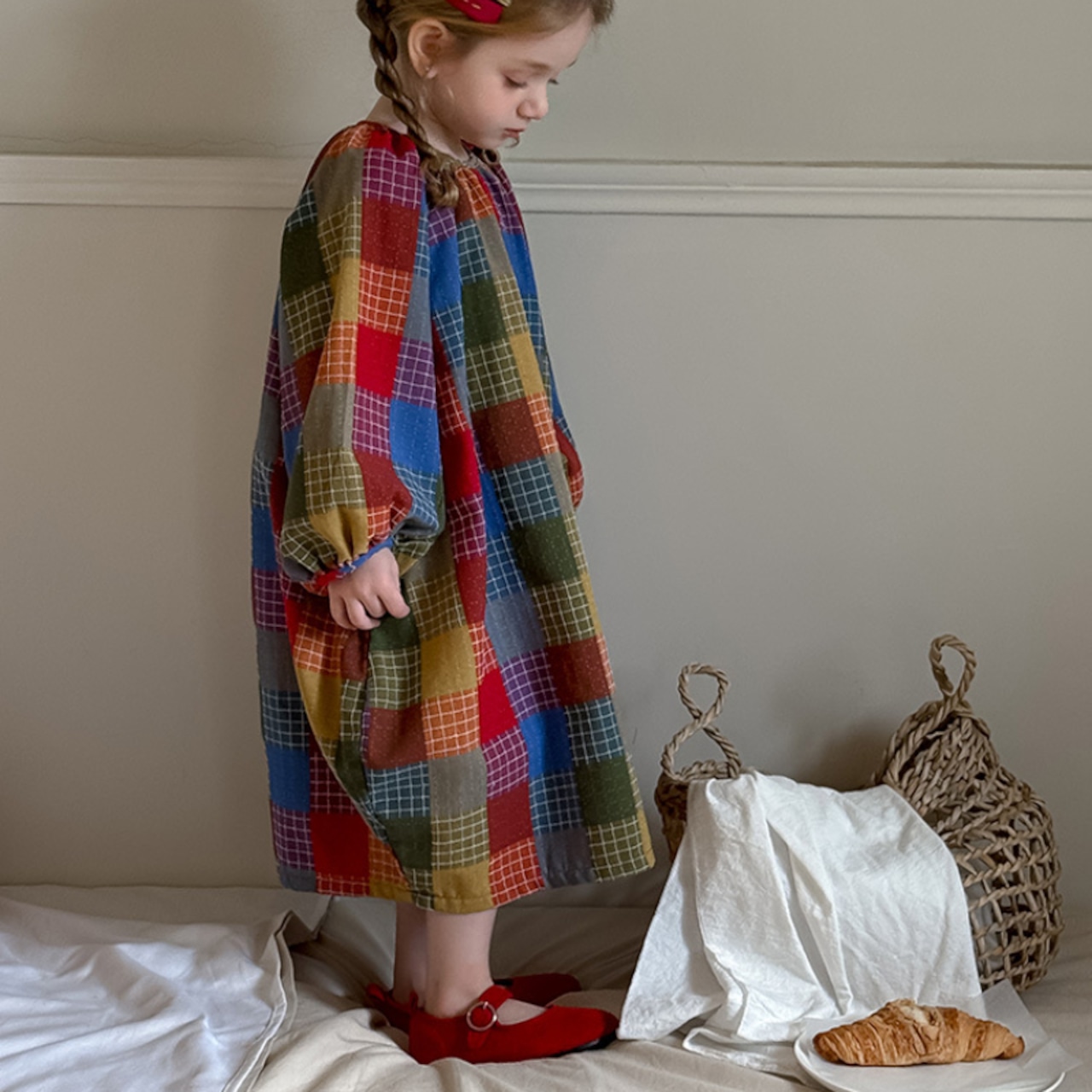 春韓国風レトロチェック柄ワンピース