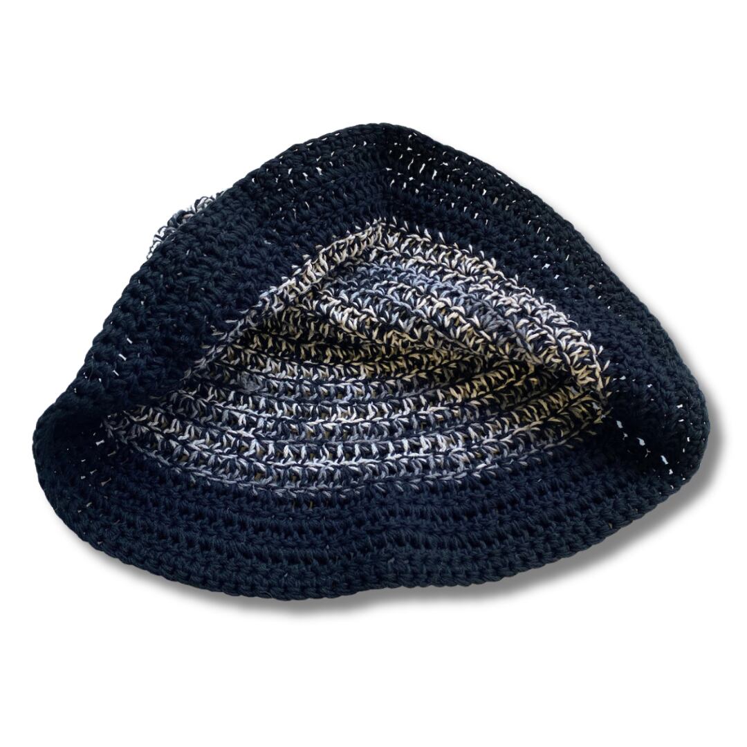 ☆グラニー編み UVコットン クラッシャーハット バケハ☆ブラック＆ホワイト ☆グラニー編み UVコットン クラッシャーハット バケハ