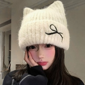 ニット帽 レディース 秋冬 猫耳 リボン付き ビーニー シャギーニット リブ 折り返し ニット キャップ 韓国 Y2K バレエコア 防寒 保温 ガーリー 大人可愛い 推し活 ライブ イベント 通学 お出かけ [LW-CGH003]