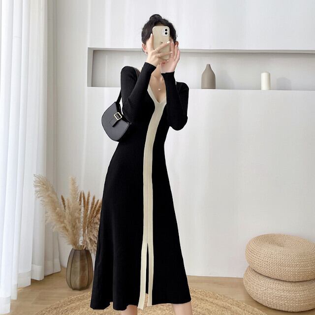 ワンピース レディース スリム 長袖 Vネック リブ ロング丈 マキシ丈 かっこいい バイカラー ブラック S/M/L/XL