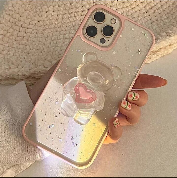 iPhoneケース iPhone13 iPhone12 グリップ付 クリアケース くま グリッター スケルトン ラメ 1205