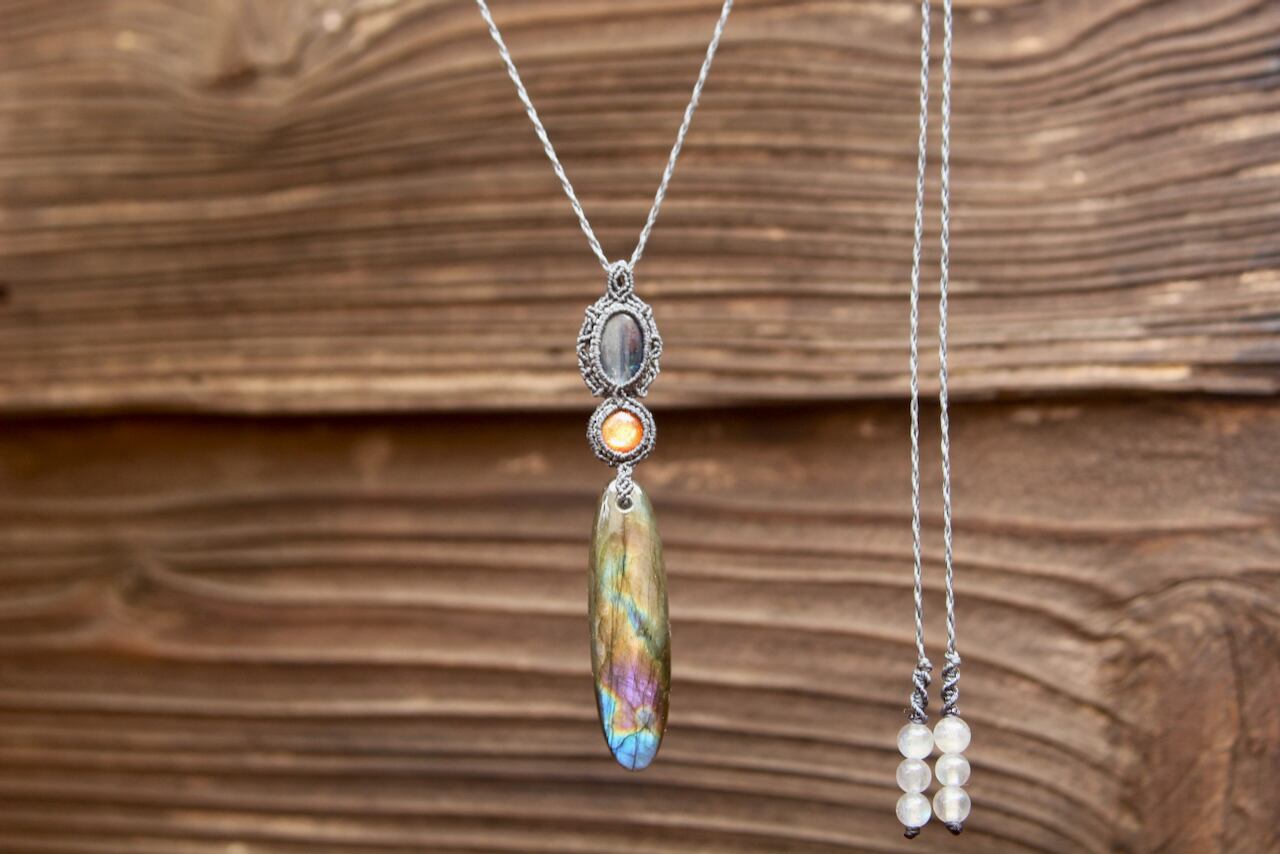 Multi Purple Labradorite & Sunstone & Kyanite micro macrame pendant