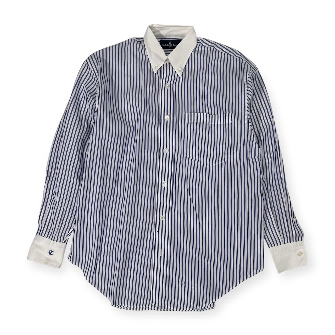 90s Ralph Lauren ラルフローレン ストライプ BD ボタンダウン 長袖 クレリックシャツ 11/ブルー系 レディース ビンテージ