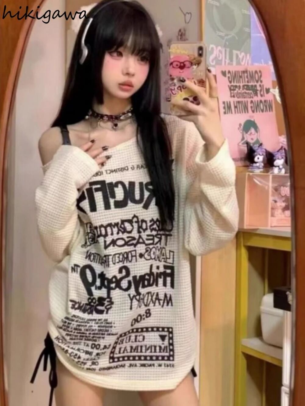 女性用長袖Tシャツ,レタープリント,裸の肩,特大,カジュアル,韓国