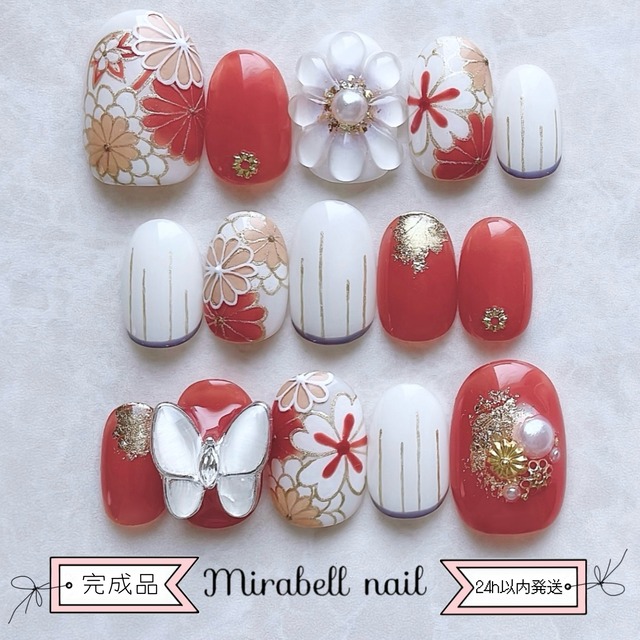 【完成品 即日発送】和柄 テラコッタ 赤茶 オレンジ 桜 菊 毱 蝶々 ぷっくり フラワー 15枚 ネイルチップ セット #ncs019