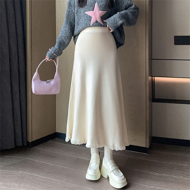 【bottoms】フリンジ付きニットAラインスカートL1058