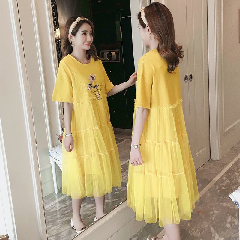 【新作】【送料無料】 マタニティウェア2019夏バージョンの新しいファッションレーストリムプリントメッシュステッチルーズマタニティドレス-アリババ サマー 夏物 expec239203878509