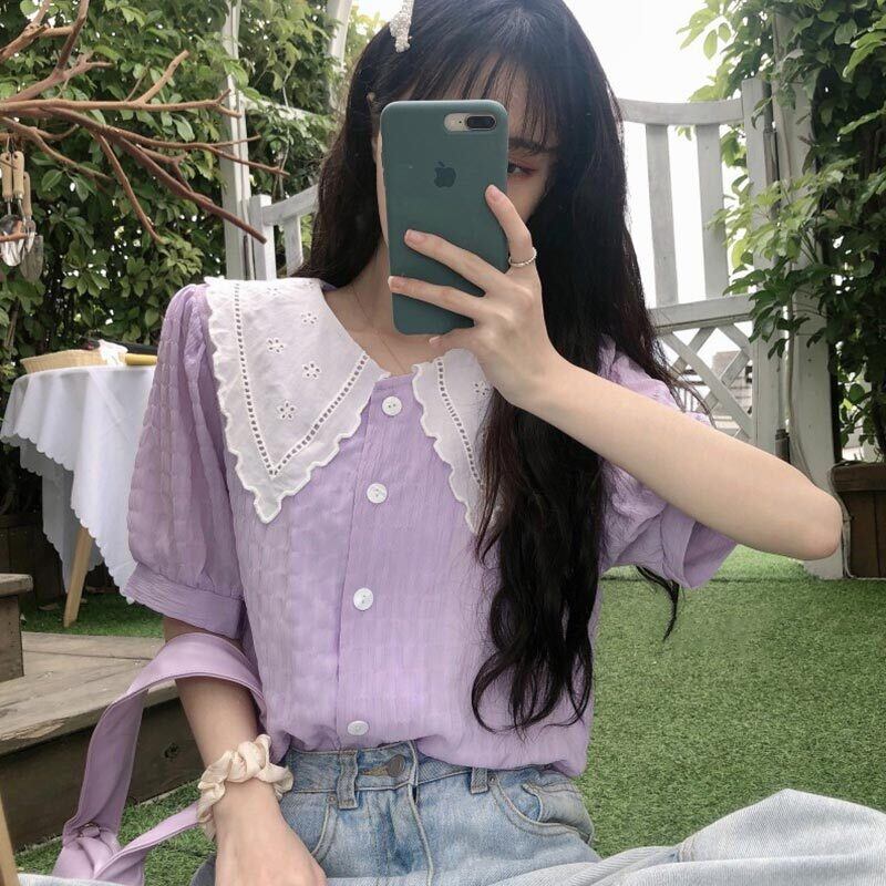 カラースリーブシャツ スタイルショート半袖トップス ハーフスリーブ 大人ガーリー スウィート キュート カジュアル 萌量不足76289268617