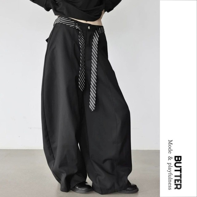 Striped Belt Tie Wide Pants 01474