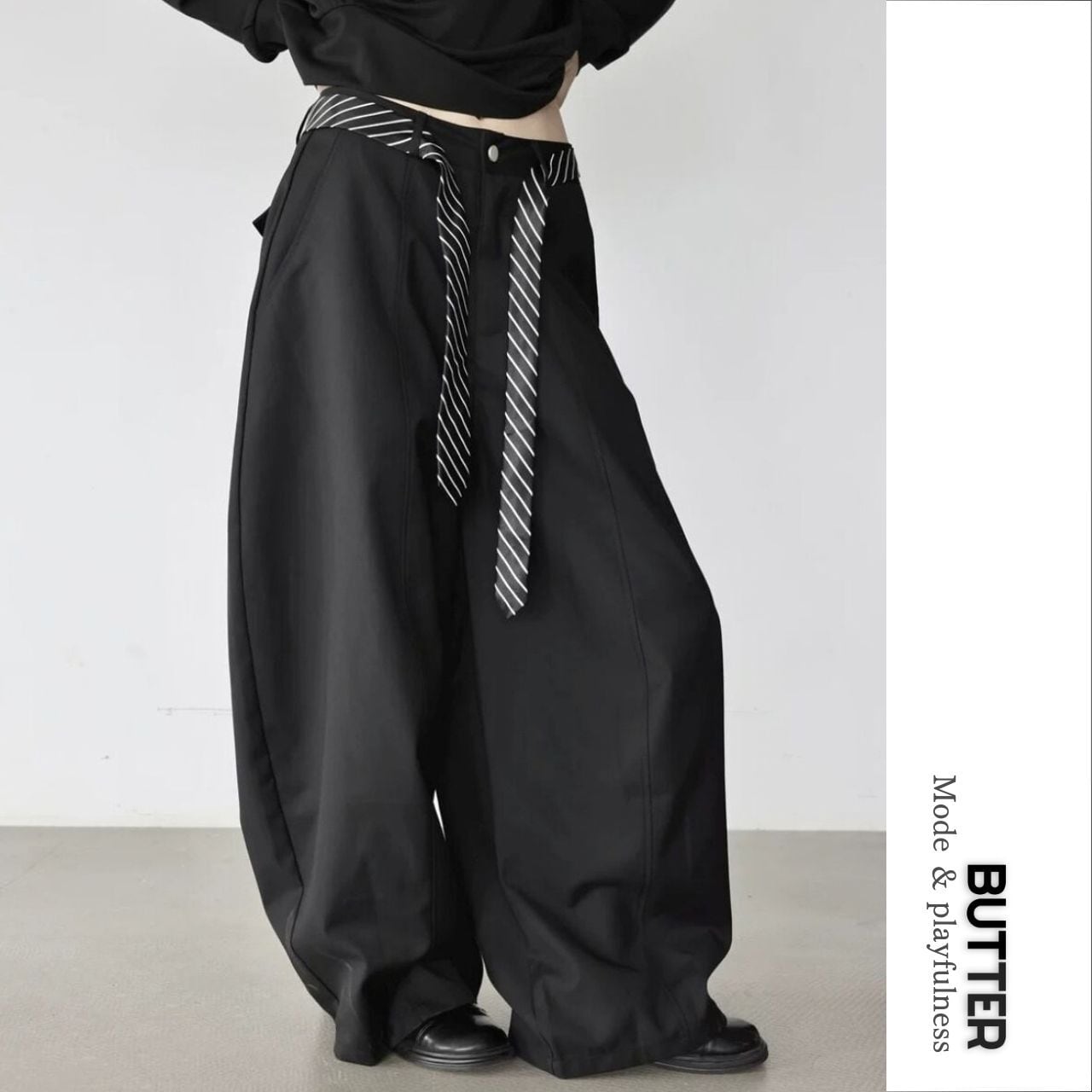 Striped Belt Tie Wide Pants 01474