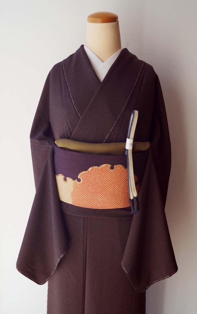 袷】憲法染色×丁子茶色 江戸小紋 角通し 一つ紋 トール＆ゆとりサイズ