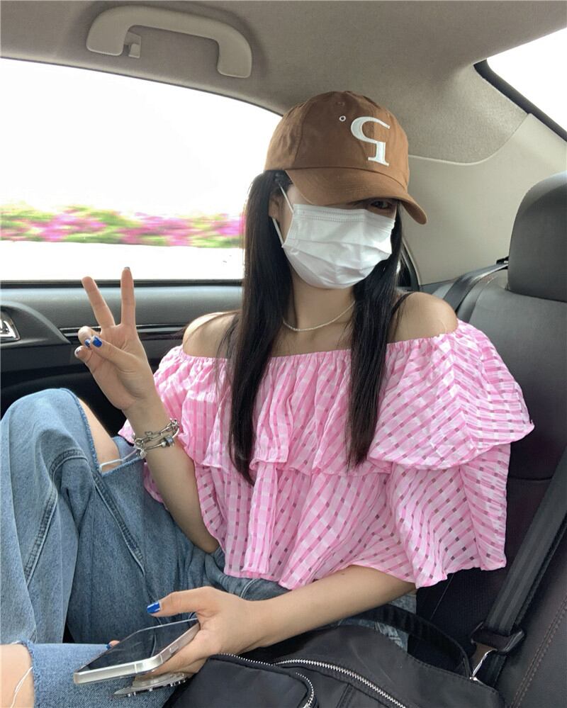 シフォン格子柄シャツ レディースサマー薄手ショート半袖スリーブトップス ハーフスリーブ 夏物 ブラックストロベリース39082690783