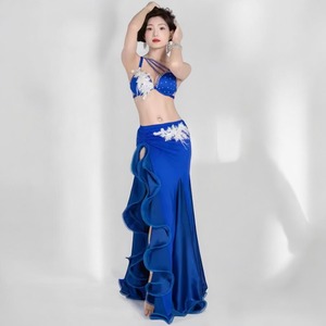 オリエンタル衣装 ブルー ビーズ 花フリル スリット