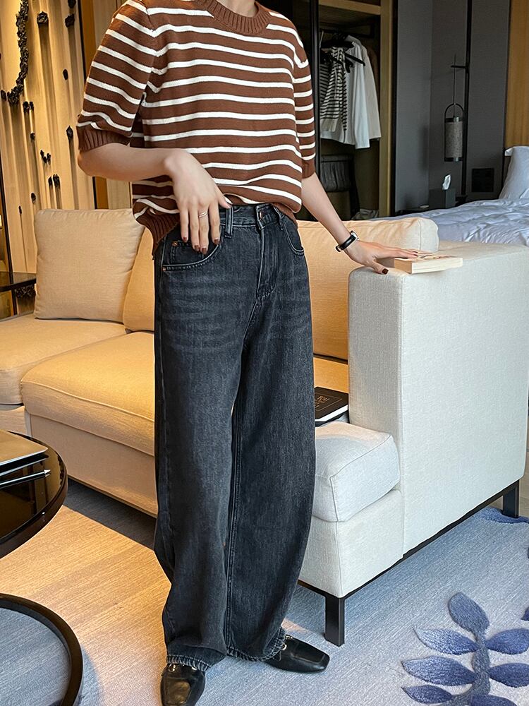 スタンダードルーズワイドレッグダークジーンズ オータム レトロ 秋物 ワイドパンツ ビッグFスモールZ韓国43612645083