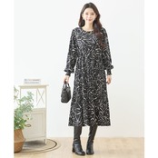 TRUBE モノトーン幾何学模様プリーツワンピース【L~LL】ブラック