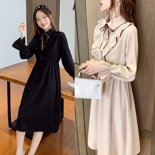 ワンピース レディース Aライン リボン フリル 丸襟 エクステンションカフス ドールワンピ 無地 長袖 Aライン フレア シャツワンピース サイズ展開豊富 ブラック/アプリコット S/M/L/XL/2XL