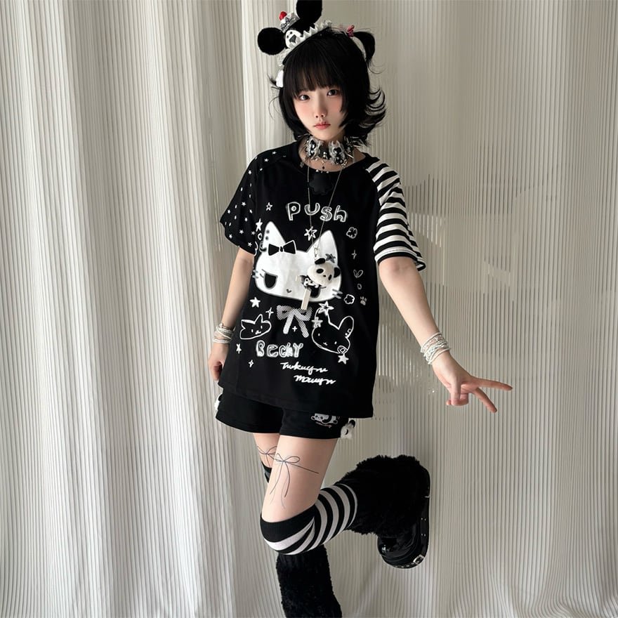 メンヘラ・ぴえん系 ラグランTシャツ イラスト風