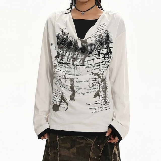 ノイズプリントフェイクレイヤードドレープTシャツ 2col R02550