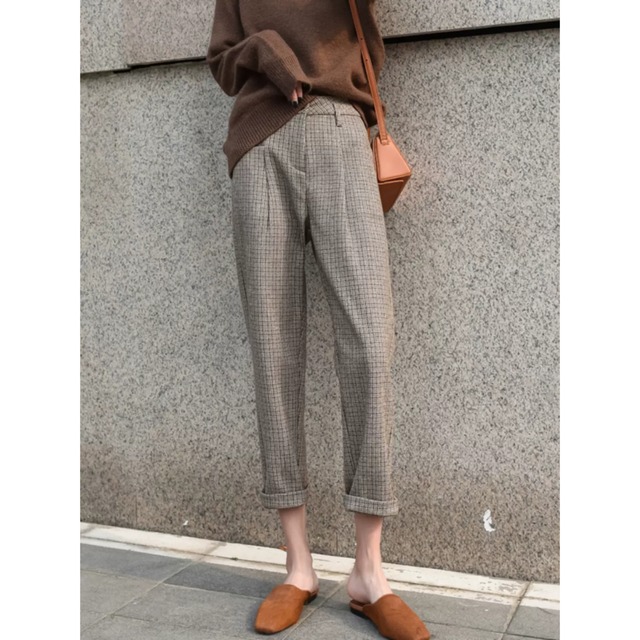 【チェック柄ハイウエストテーパードパンツ】P00684