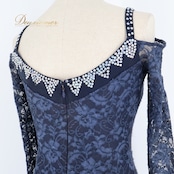 社交ダンス 衣装 スタンダードドレス ドレス ワンピース 紺 高級感 上品 フリル レース お洒落 ネイビー系 パーティ 軽やか 優雅 フェミニン クラシックスタイル