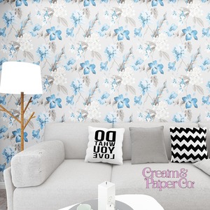 アッシュグレー × ブルー Tropical flower FL1-778002MT for DIY 53㎝×10m リピート53㎝