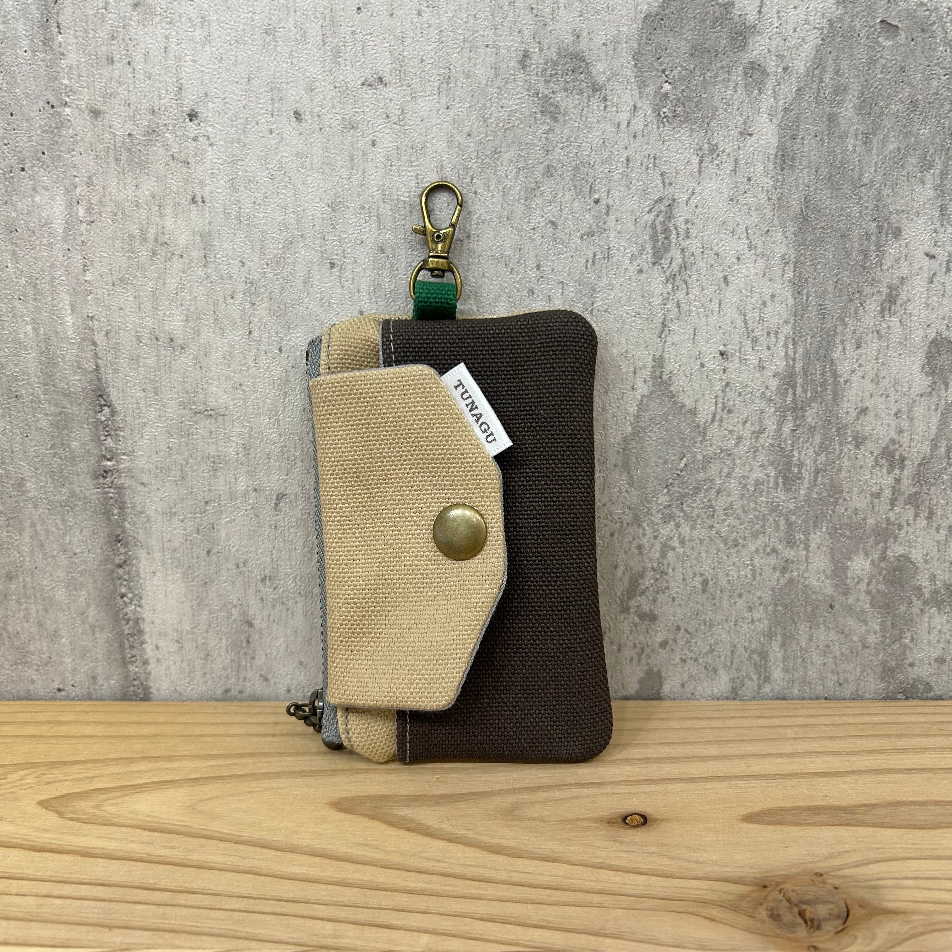 .+*Mini Wallet / カードや小銭、お札入れに【ストーングレー×濃茶】