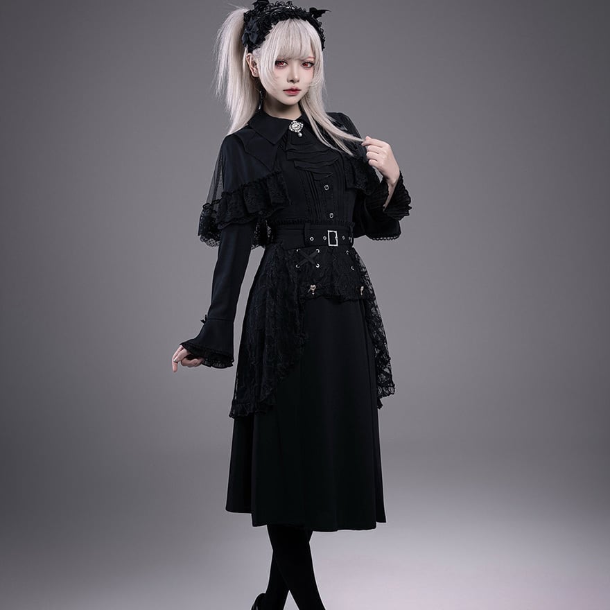 オリジナル ゴシック 暗黒系 コルセット風 ロリータ スカートセット　L258＃ 地雷系 スカート セットアップ 悪魔 羽襟 コルセット レースアップ 赤