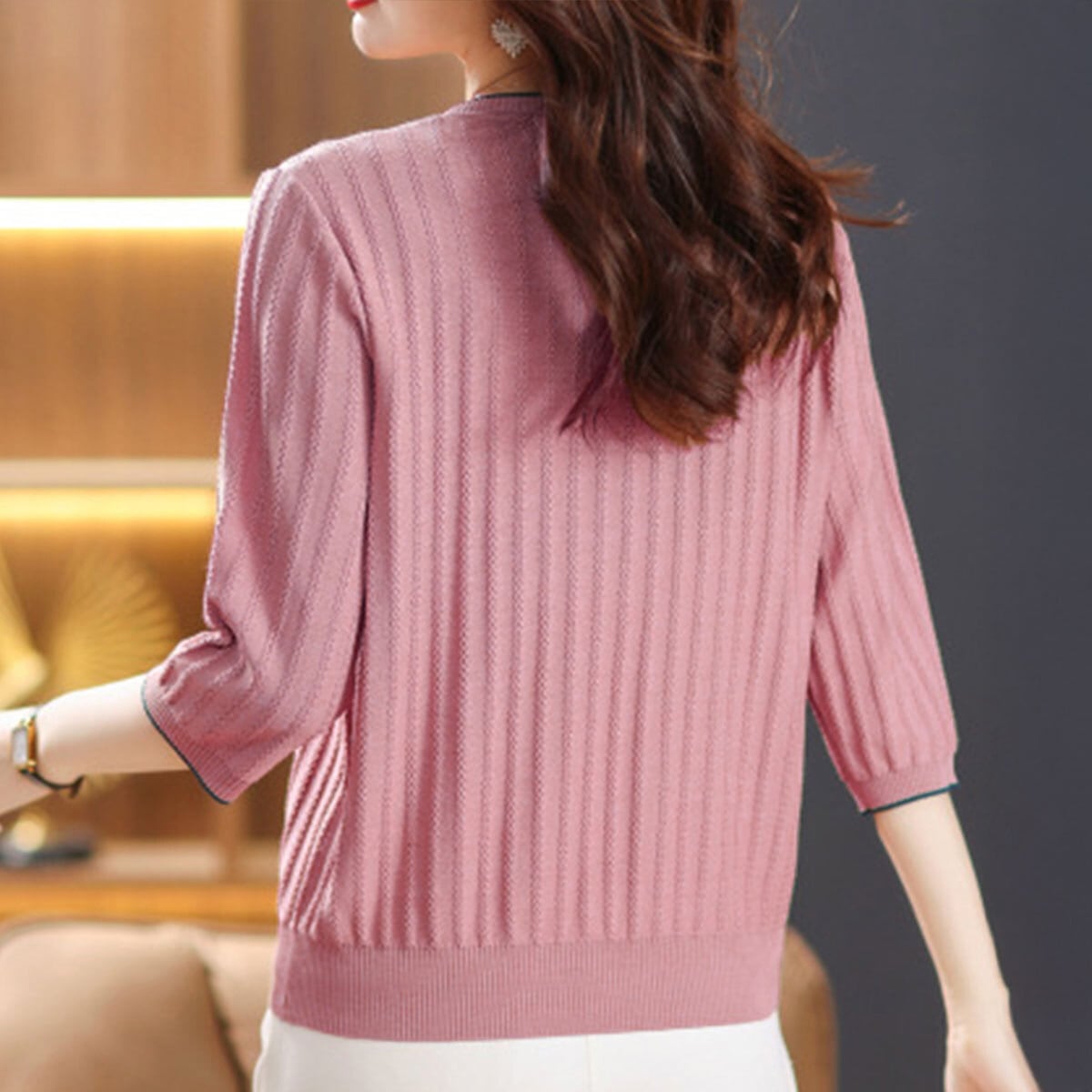 透かし編み ニット 七分袖 レディース 春夏 韓国 リブニット きれいめ シンプル 大人 カジュアル おしゃれ クルーネック トップス インナー サマーニット 大人可愛い 大人女子