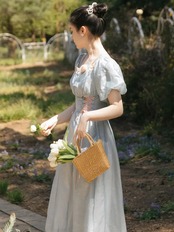 【0043】Vintage Blue Lace-up Short Sleeve Dress