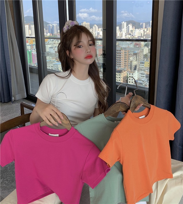 カラークロップドショートTシャツ サマードレス ウェストスリムフィット 夏物 Xiaofeijia90293500043