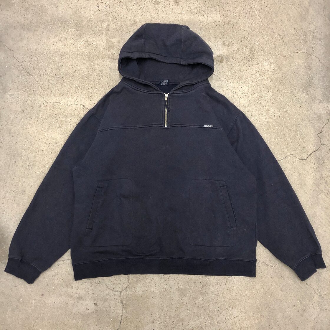 90～00s OLD STUSSY/Half zip Hoodie/China製/紺タグ/L/ハーフジップ  