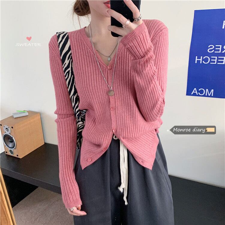 スタイルVネックニットカーディガン薄手セーター コート オータムスリムトップス ロング 秋物 モンロー73019677742